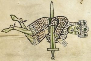 Saul-falls-on-his-sword-from-the-Worms-Bible-c1148