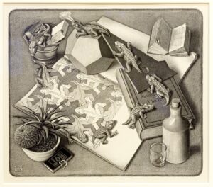 Maurits Cornelis Escher, "Reptiles," 1943. (Robin Lubbock/WBUR)