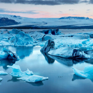 The Jokulsarlon glacier lagoon in Iceland during a bright summer night