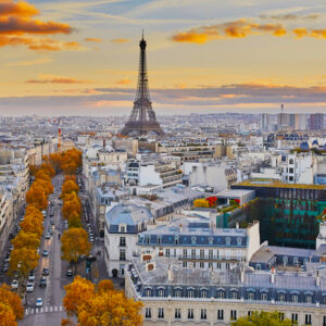 Aerial panoramic cityscape view of Paris, France with the Eiffel tower on a fall day