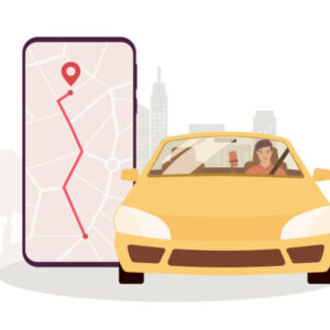One Smiling Male Driver Driving A Yellow Car. Mobile Phone With Map Showing On Screen. Isolated On White Color Background.